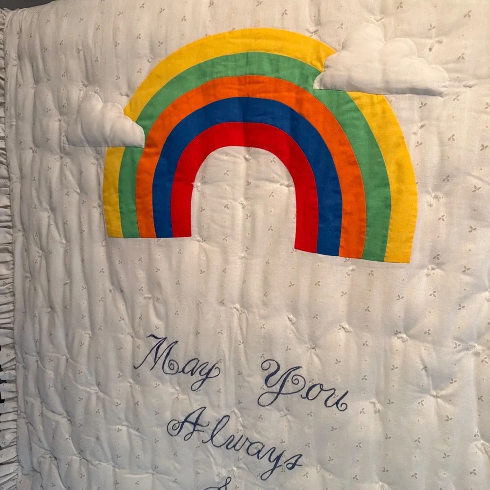 Vintage Rainbow & Clouds Ruffled Baby Quilt & Pillow Case Embroidered Nursery